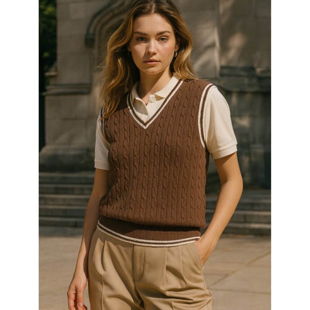 Brandy Melville Sweater Vest Women's O/S Brown Cable Knit Wool Blend Preppy